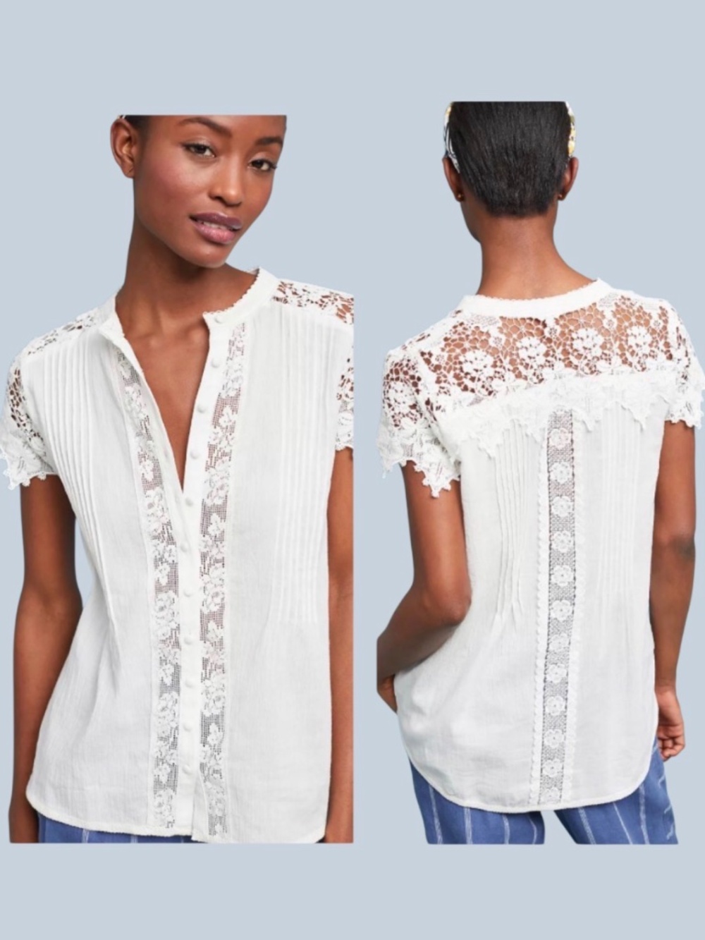 Anthropologie eri + Ali Melanie Encaje White Lace Cotton Button Up Top NWOT SZ M